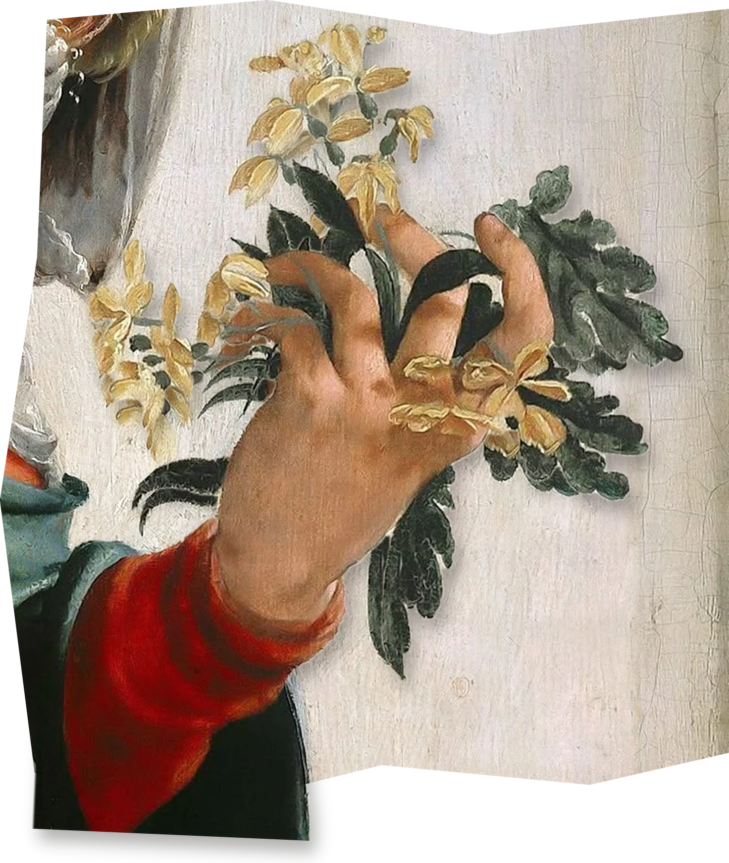 Detalhe de pintura: uma mão segurando flores amarelas, recortada e saindo do papel